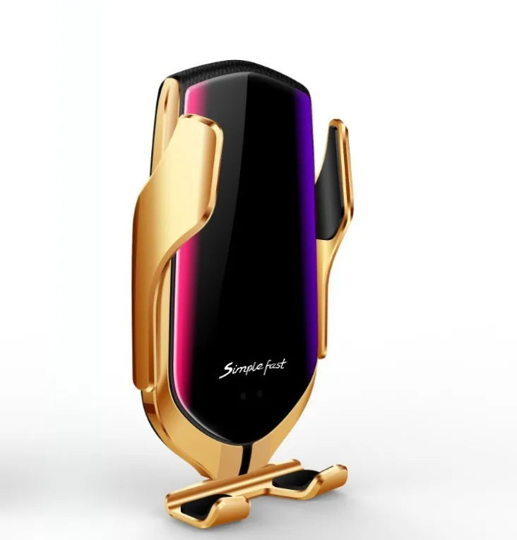Magic Clip R1 automatic wireless charging car phone holder in gold or silver on car dashboard