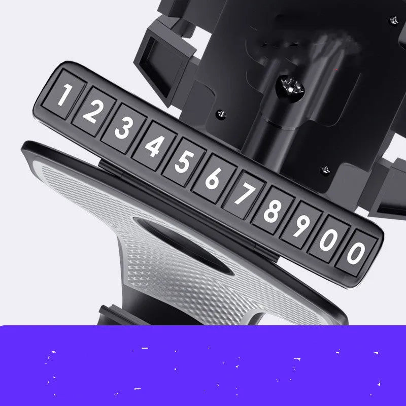 Black car phone holder with triple swivel rotation and dual spring clamp for dashboard or air outlet mounting.