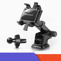 Black car phone holder with triple swivel rotation and dual spring clamp for dashboard or air outlet mounting.