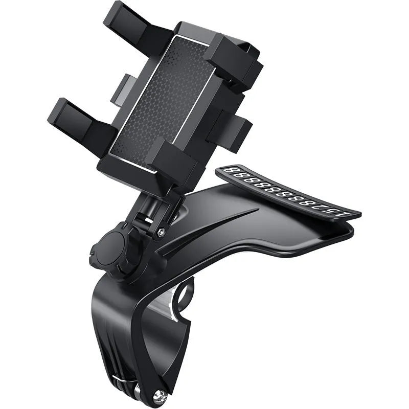 Black car phone holder with triple swivel rotation and dual spring clamp for dashboard or air outlet mounting.