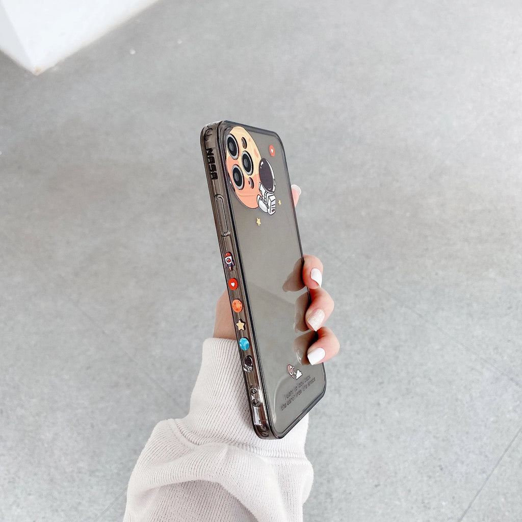 Cartoon astronaut TPU phone case in grey or white for iPhone models with graffiti pop art design