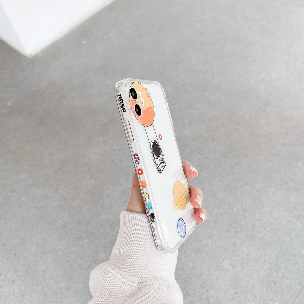 Cartoon astronaut TPU phone case in grey or white for iPhone models with graffiti pop art design