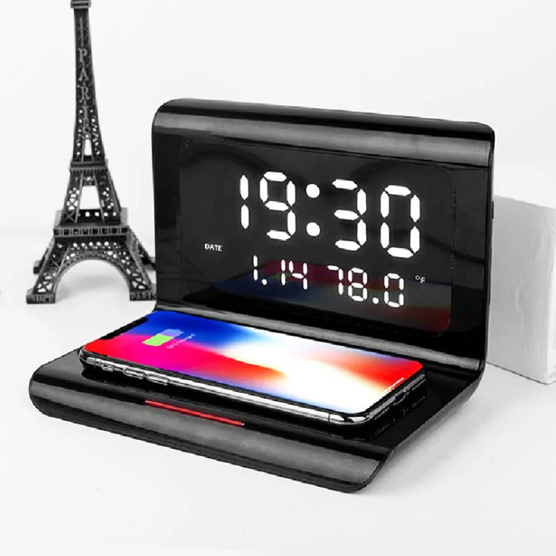 White wireless charger alarm clock showing calendar, temperature display and 10W charging surface