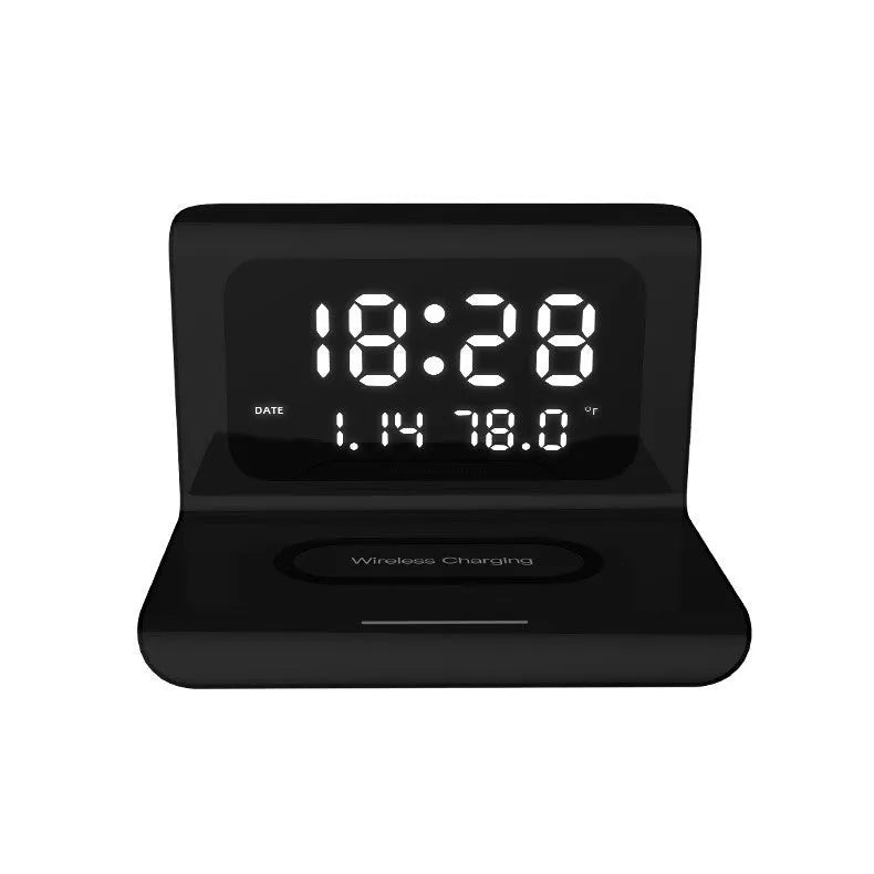 White wireless charger alarm clock showing calendar, temperature display and 10W charging surface