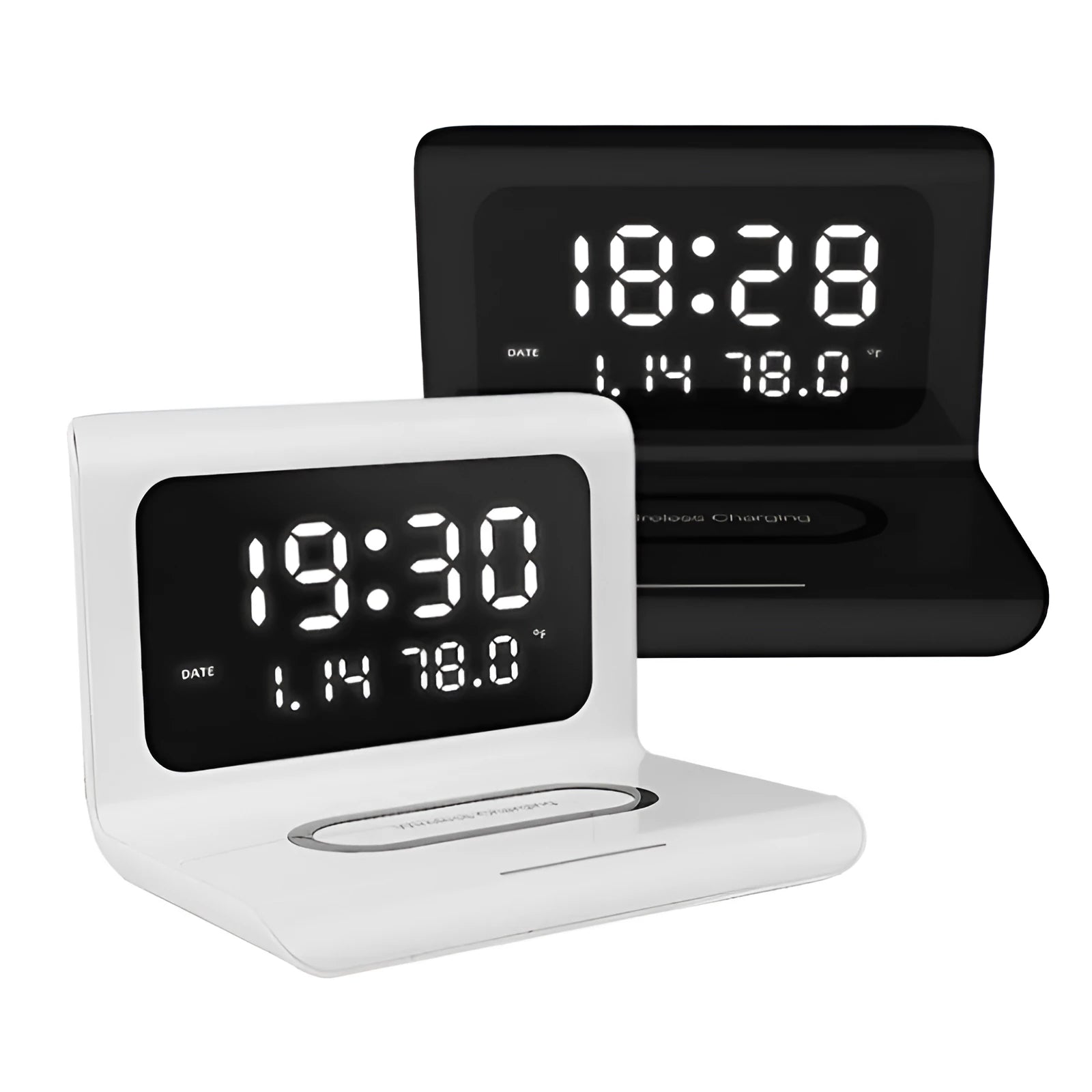 White wireless charger alarm clock showing calendar, temperature display and 10W charging surface