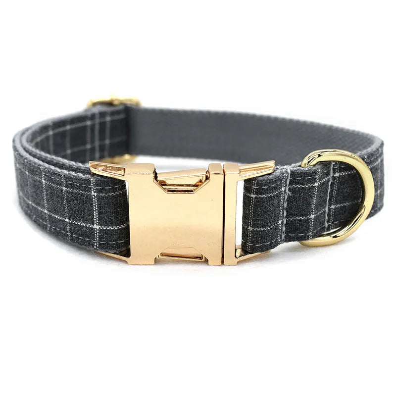 Grey plaid nylon dog collar with golden metal button, adjustable S to XL sizes