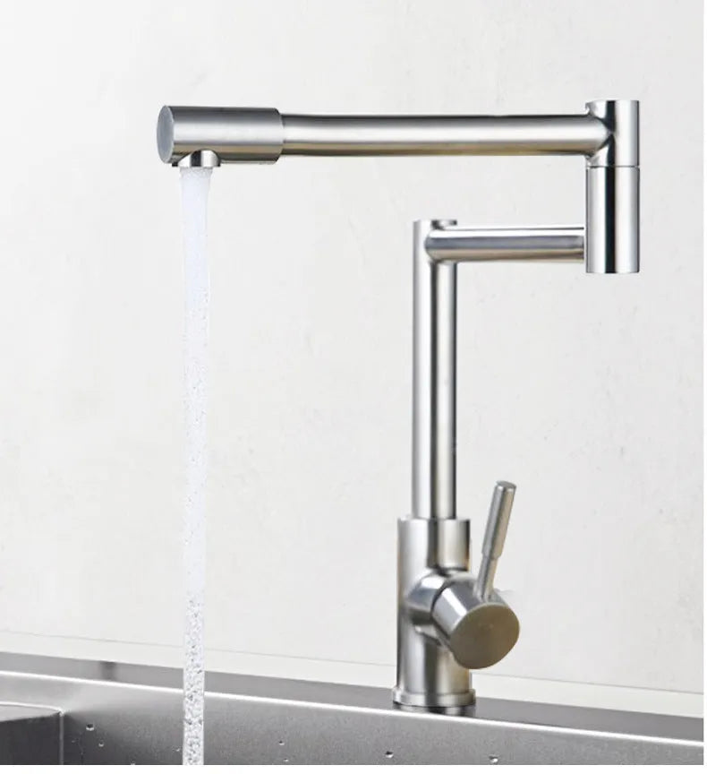 Silver stainless steel kitchen tap with 360-degree rotating spout and dual hot cold controls