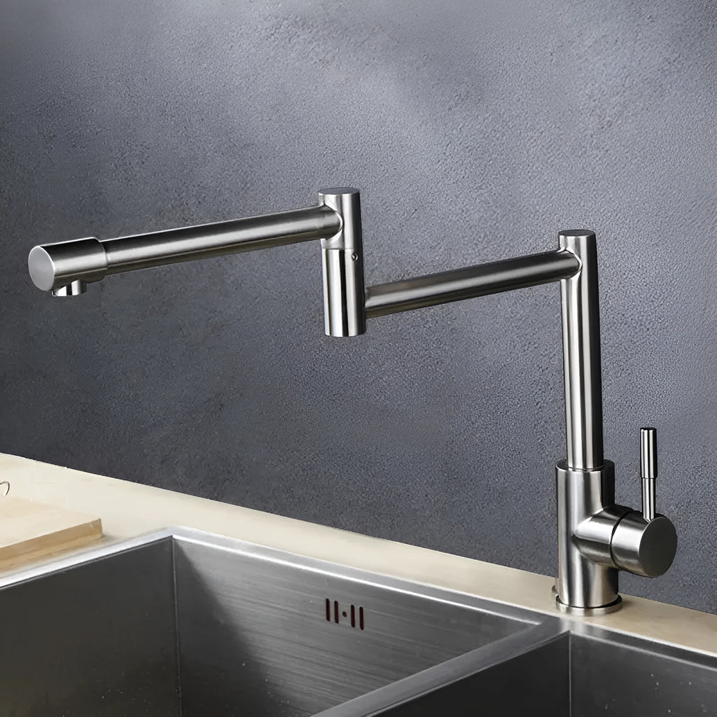 Silver stainless steel kitchen tap with 360-degree rotating spout and dual hot cold controls