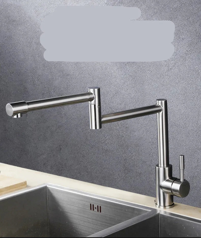 Silver stainless steel kitchen tap with 360-degree rotating spout and dual hot cold controls