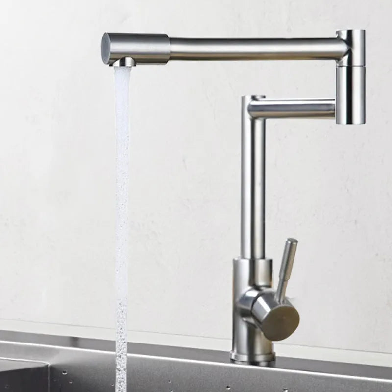 Silver stainless steel kitchen tap with 360-degree rotating spout and dual hot cold controls
