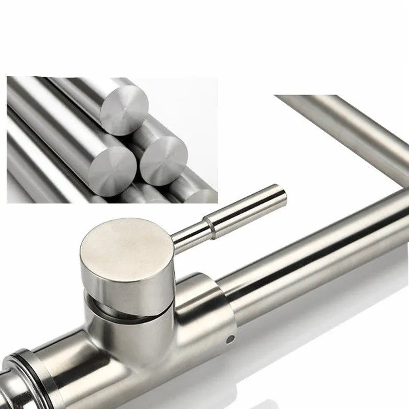 Silver stainless steel kitchen tap with 360-degree rotating spout and dual hot cold controls