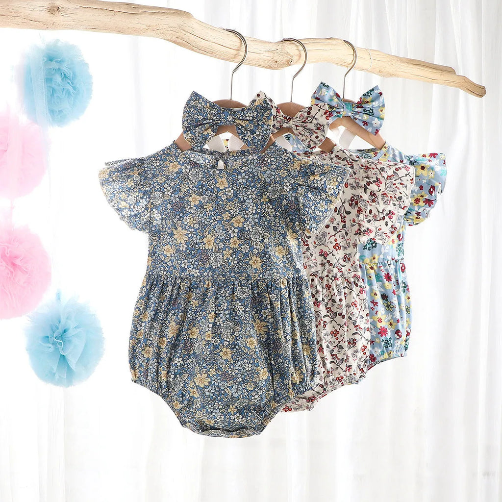 Newborn cotton triangle crawl romper sleeveless with floral flying sleeves in chocolate colour