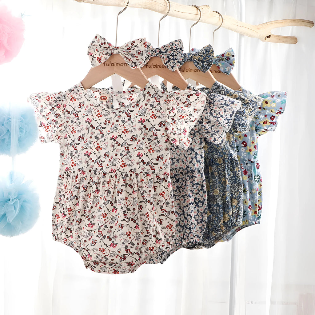 Newborn cotton triangle crawl romper sleeveless with floral flying sleeves in chocolate colour