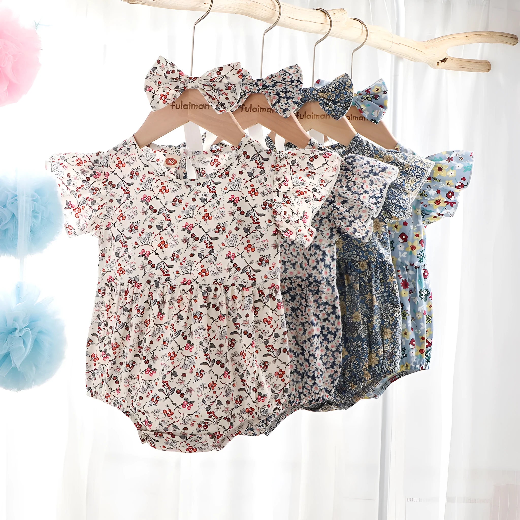 Newborn cotton triangle crawl romper sleeveless with floral flying sleeves in chocolate colour