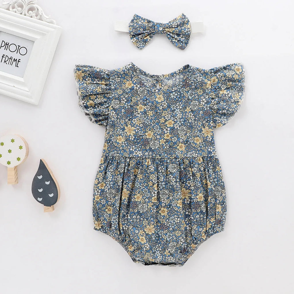 Newborn cotton triangle crawl romper sleeveless with floral flying sleeves in chocolate colour