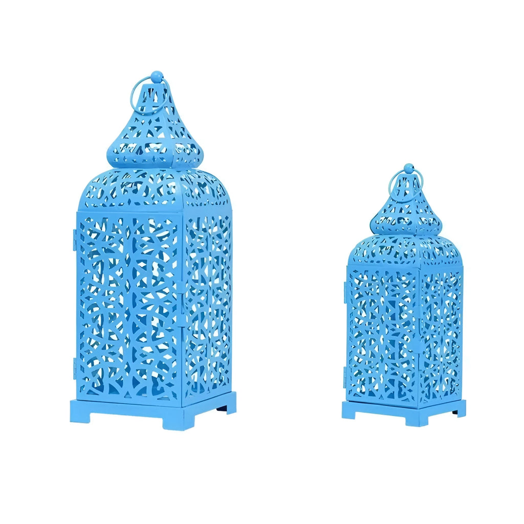 Blue retro iron candelabrum with geometric pattern and Moroccan lantern shape for tea light candles.