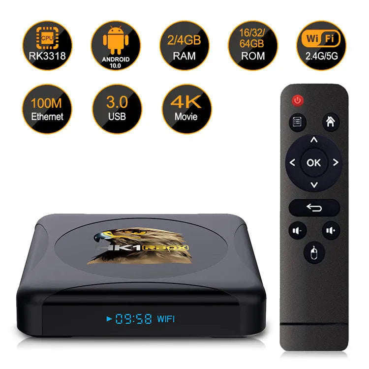 Android set-top box with RK3318 processor, 4GB RAM, 64GB flash storage, 1920x1080 output, and plug region options
