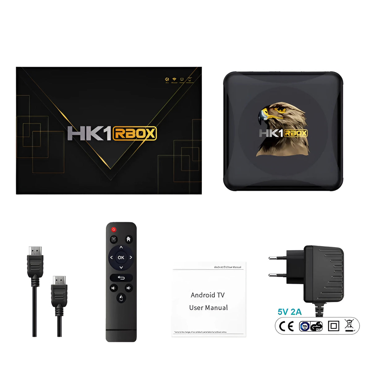Android set-top box with RK3318 processor, 4GB RAM, 64GB flash storage, 1920x1080 output, and plug region options