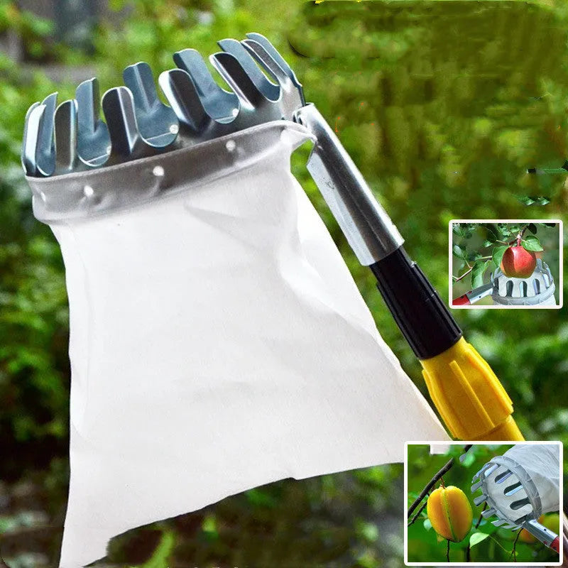 Steel frame fruit picker tool with a cloth bag catcher for picking citrus, pears and peaches.