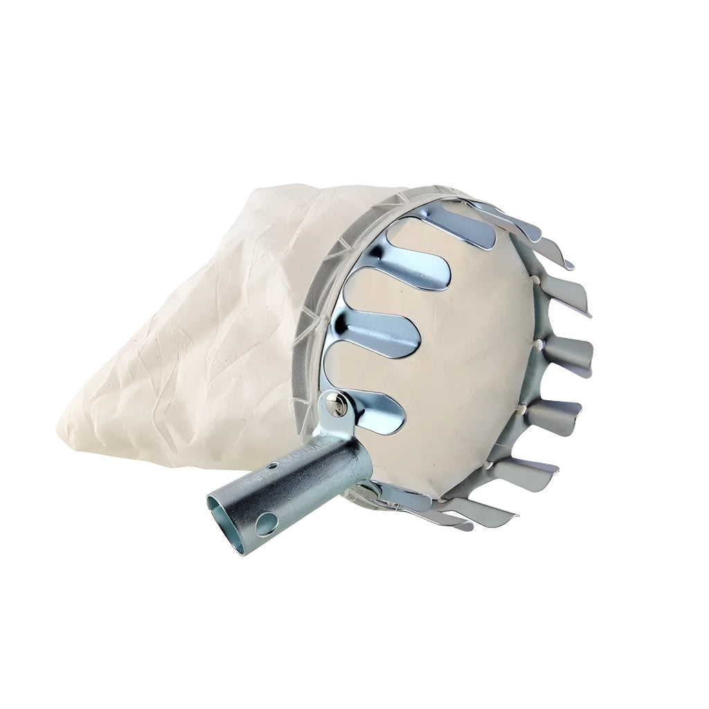 Steel frame fruit picker tool with a cloth bag catcher for picking citrus, pears and peaches.
