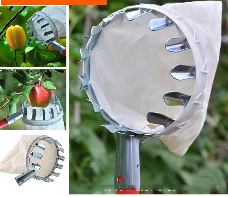 Steel frame fruit picker tool with a cloth bag catcher for picking citrus, pears and peaches.