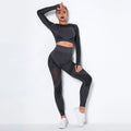 Seamless knitted long-sleeved yoga suit for women in a solid colour, showing full-length design.