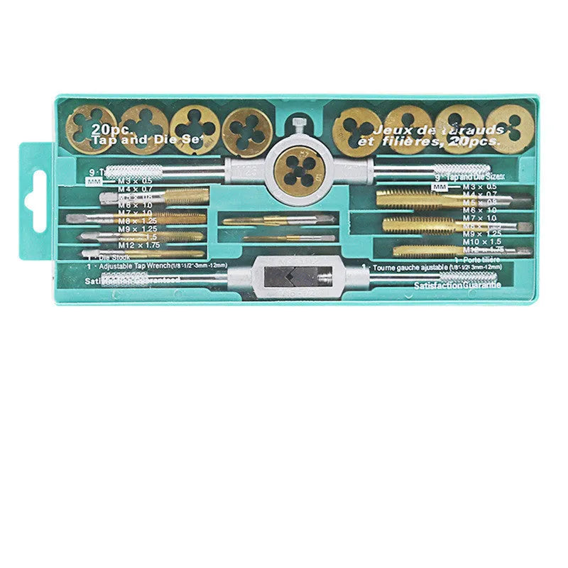 20-piece alloy steel tap and die set showing silver and titanium-plated metric hand taps