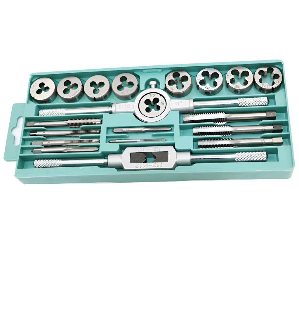 20-piece alloy steel tap and die set showing silver and titanium-plated metric hand taps
