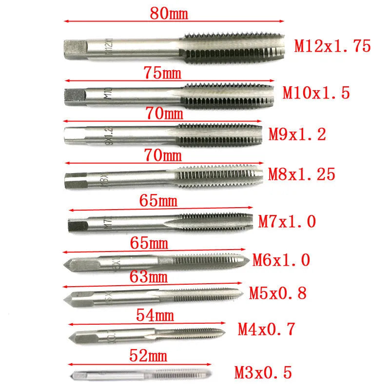 20-piece alloy steel tap and die set showing silver and titanium-plated metric hand taps