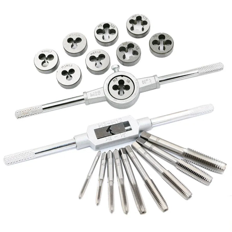 20-piece alloy steel tap and die set showing silver and titanium-plated metric hand taps
