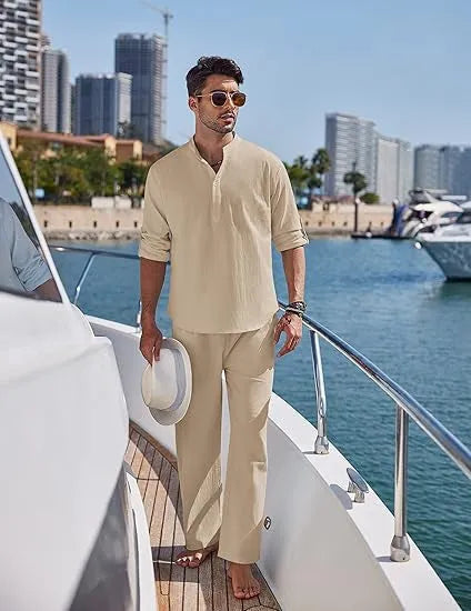 Men's cotton casual suit set in solid colour with long sleeves and trousers for spring and autumn leisure wear
