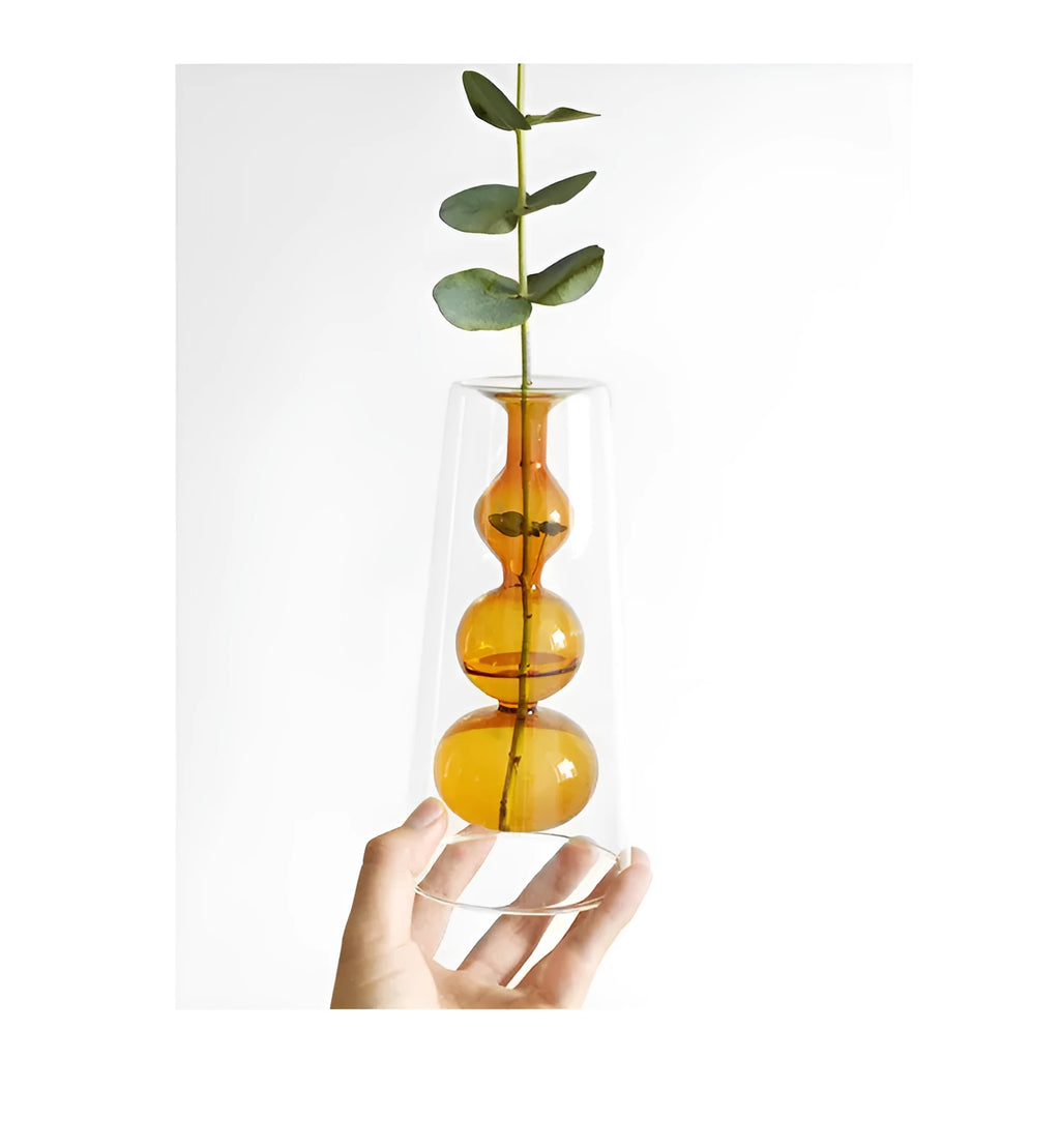 Retro stained glass gourd vase in green, pink, or yellow for hydroponic flowers on a countertop