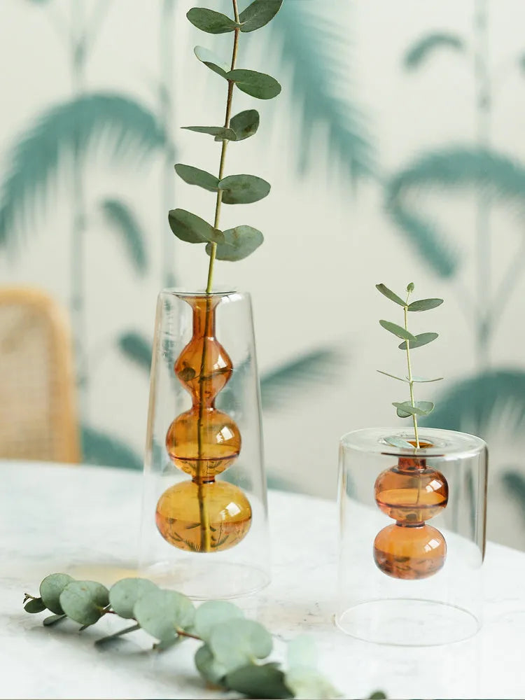 Retro stained glass gourd vase in green, pink, or yellow for hydroponic flowers on a countertop