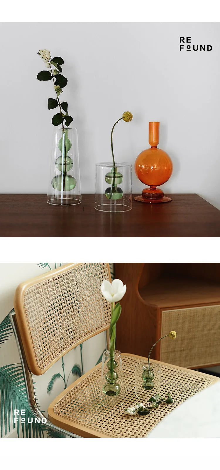 Retro stained glass gourd vase in green, pink, or yellow for hydroponic flowers on a countertop