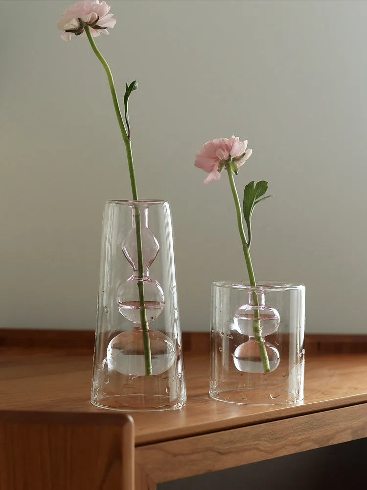 Retro stained glass gourd vase in green, pink, or yellow for hydroponic flowers on a countertop