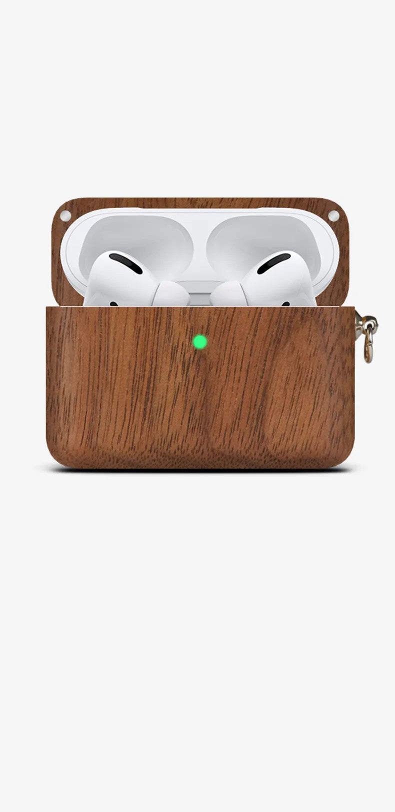 Solid wood hard shell earphone case compatible with Apple Bluetooth earphones in bamboo and walnut finishes