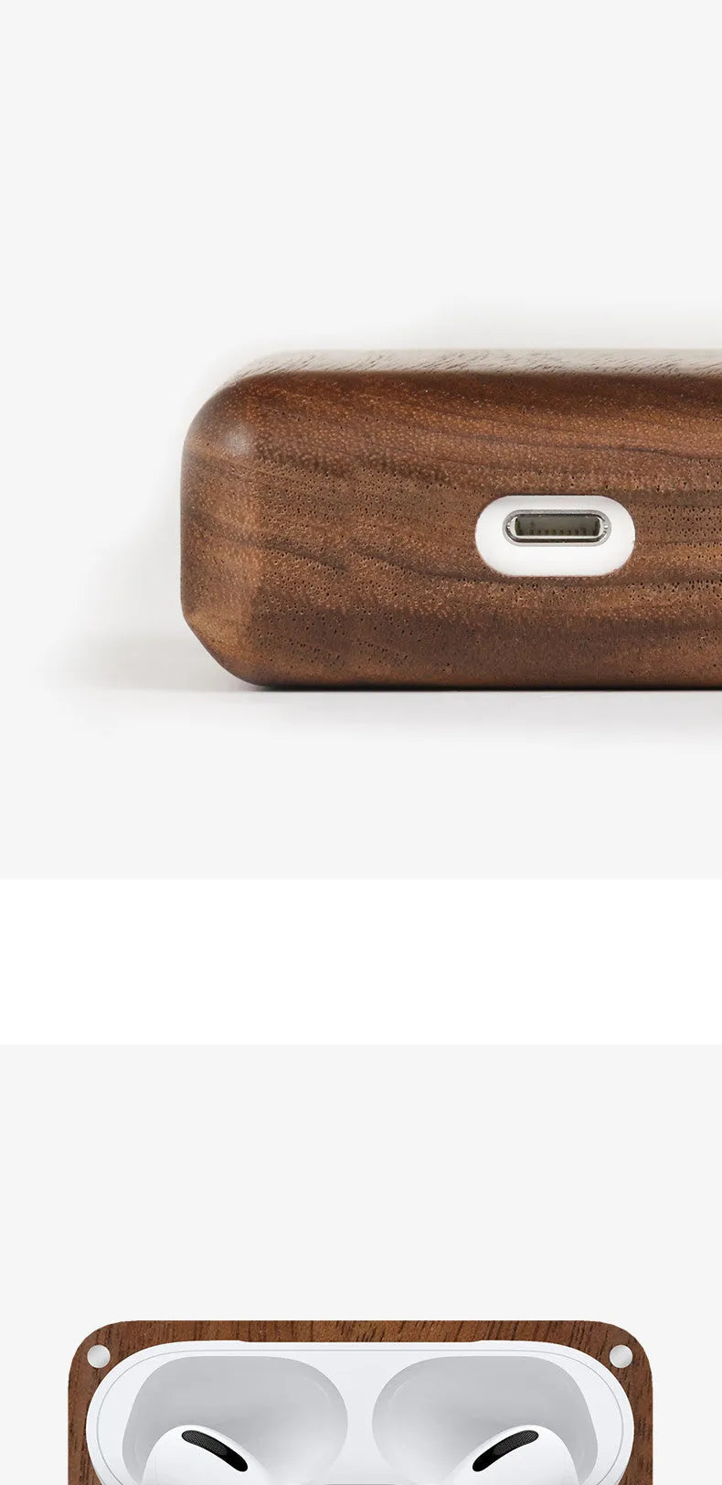 Solid wood hard shell earphone case compatible with Apple Bluetooth earphones in bamboo and walnut finishes