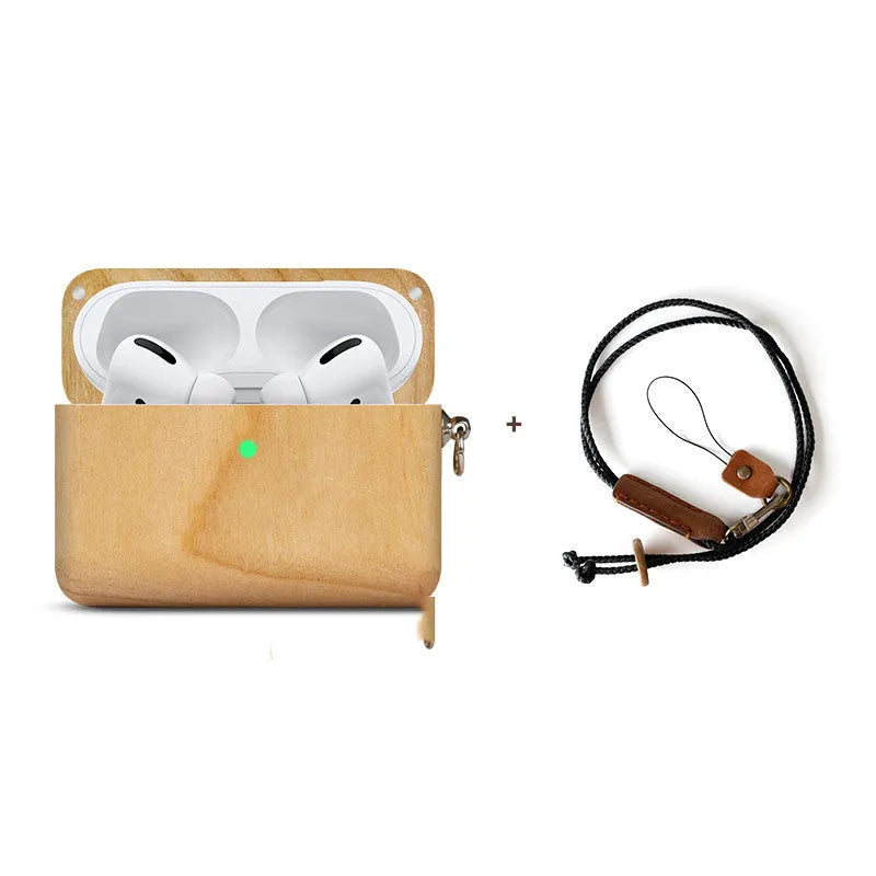 Solid wood hard shell earphone case compatible with Apple Bluetooth earphones in bamboo and walnut finishes