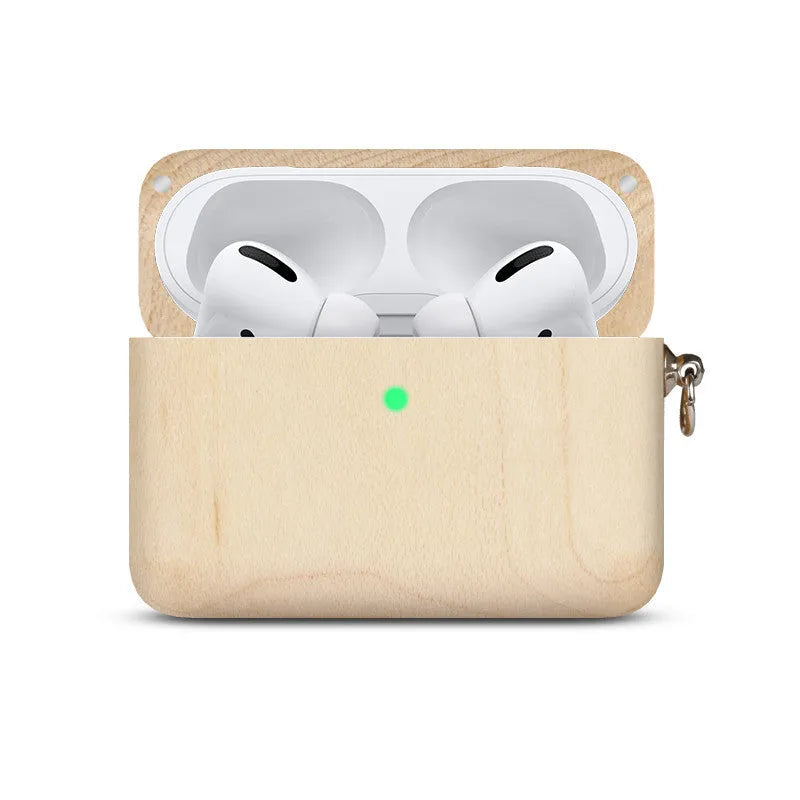 Solid wood hard shell earphone case compatible with Apple Bluetooth earphones in bamboo and walnut finishes