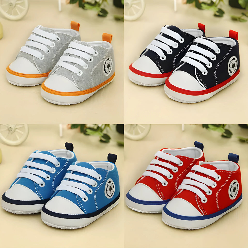 Baby canvas shoes with non-slip sole, stripe pattern, car stitching, in football grey, blue, navy, black or red.