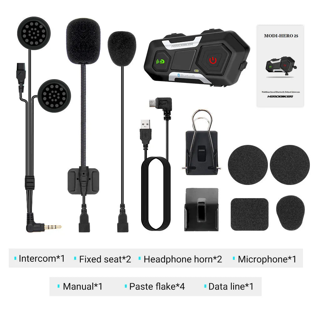 HEROBIKER motorcycle intercom helmet headset, Bluetooth 3.0, waterproof, 1200M, 85 x 42 x 23 mm, black
