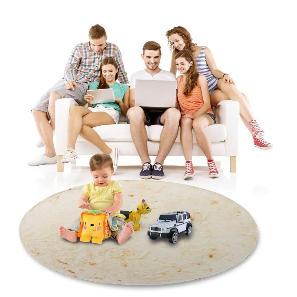 Round coral fleece burrito blanket with food print, shown wrapped.