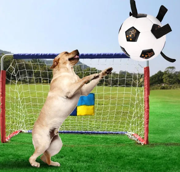 White 17cm TPU dog training ball with attached rope and inflatable tube, 300g pet ball toy.