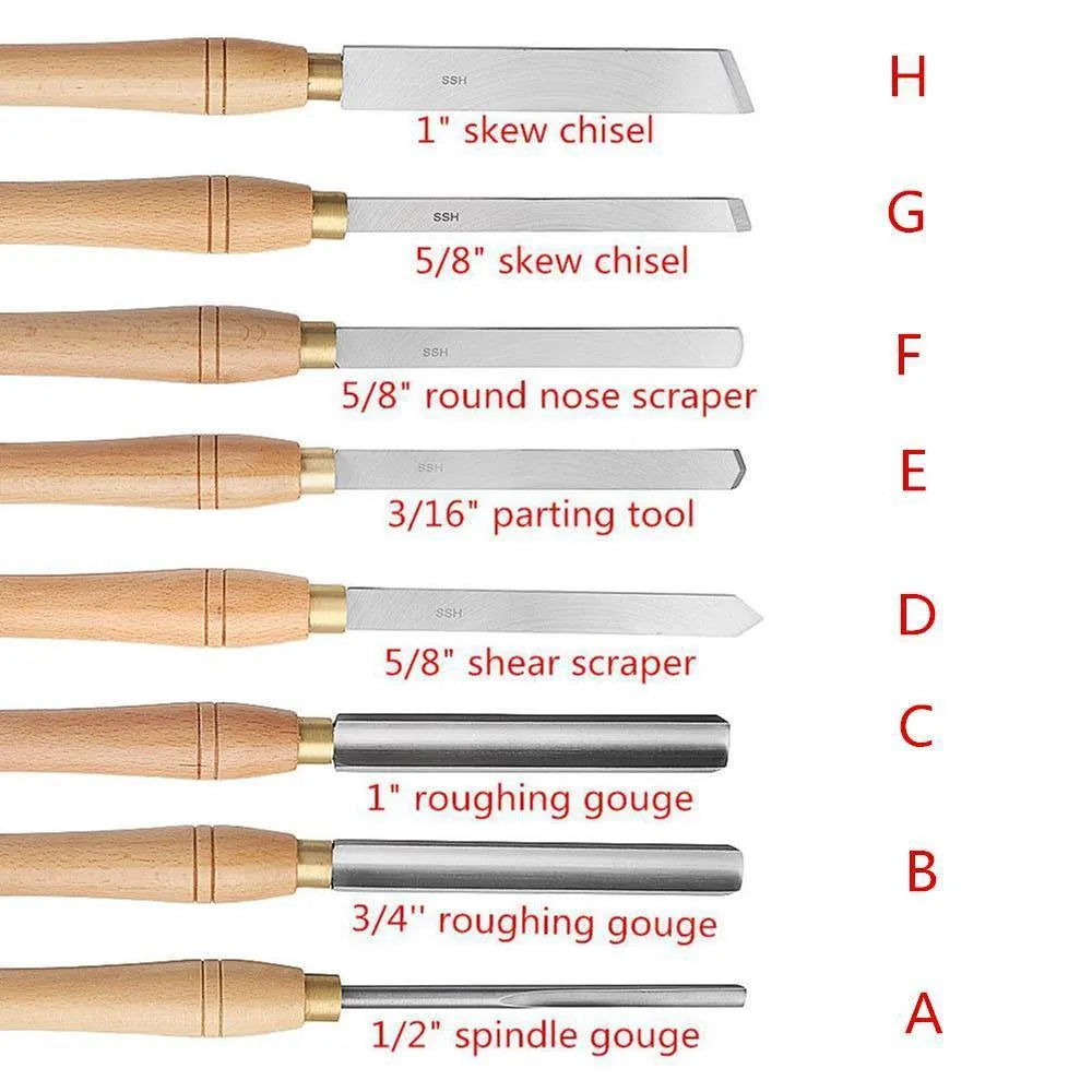 Eight-piece chrome vanadium steel wood turning tool set arranged in an open wooden storage box