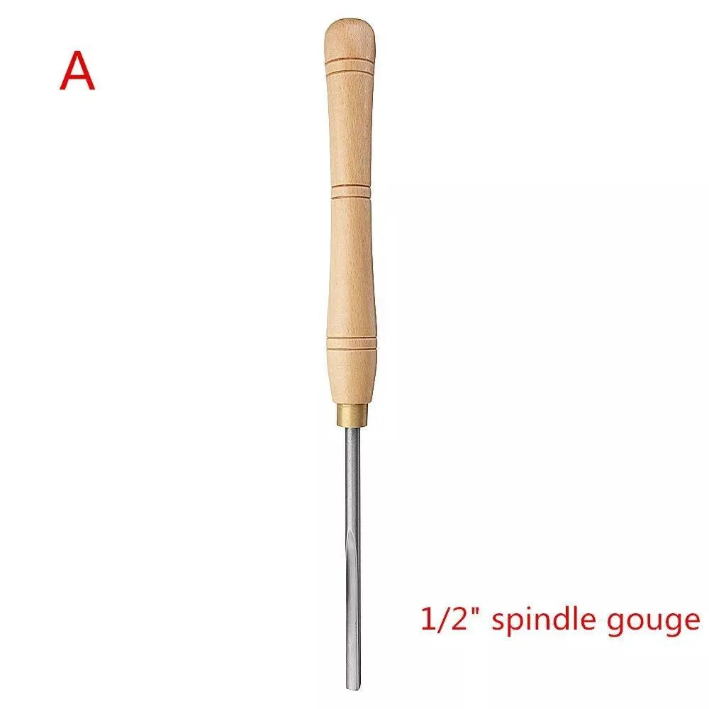 Eight-piece chrome vanadium steel wood turning tool set arranged in an open wooden storage box