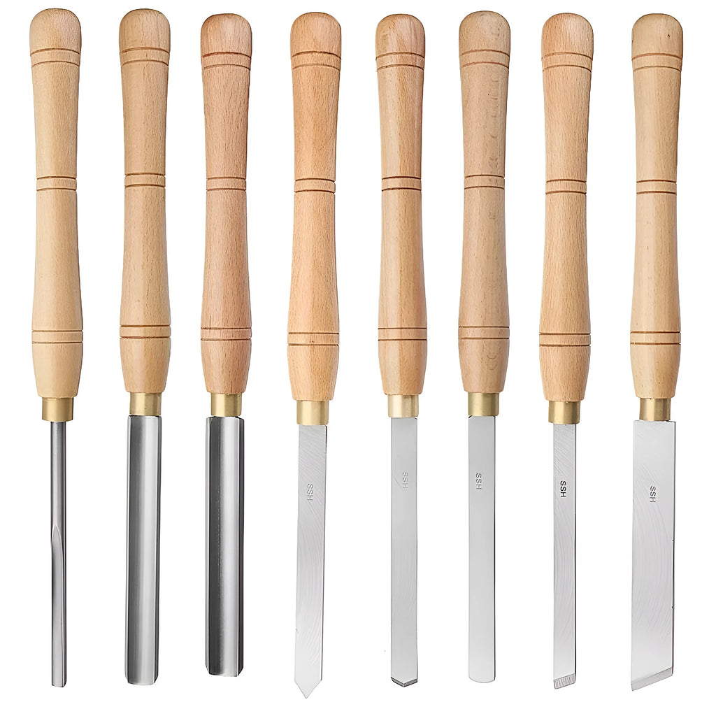 Eight-piece chrome vanadium steel wood turning tool set arranged in an open wooden storage box