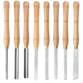 Eight-piece chrome vanadium steel wood turning tool set arranged in an open wooden storage box