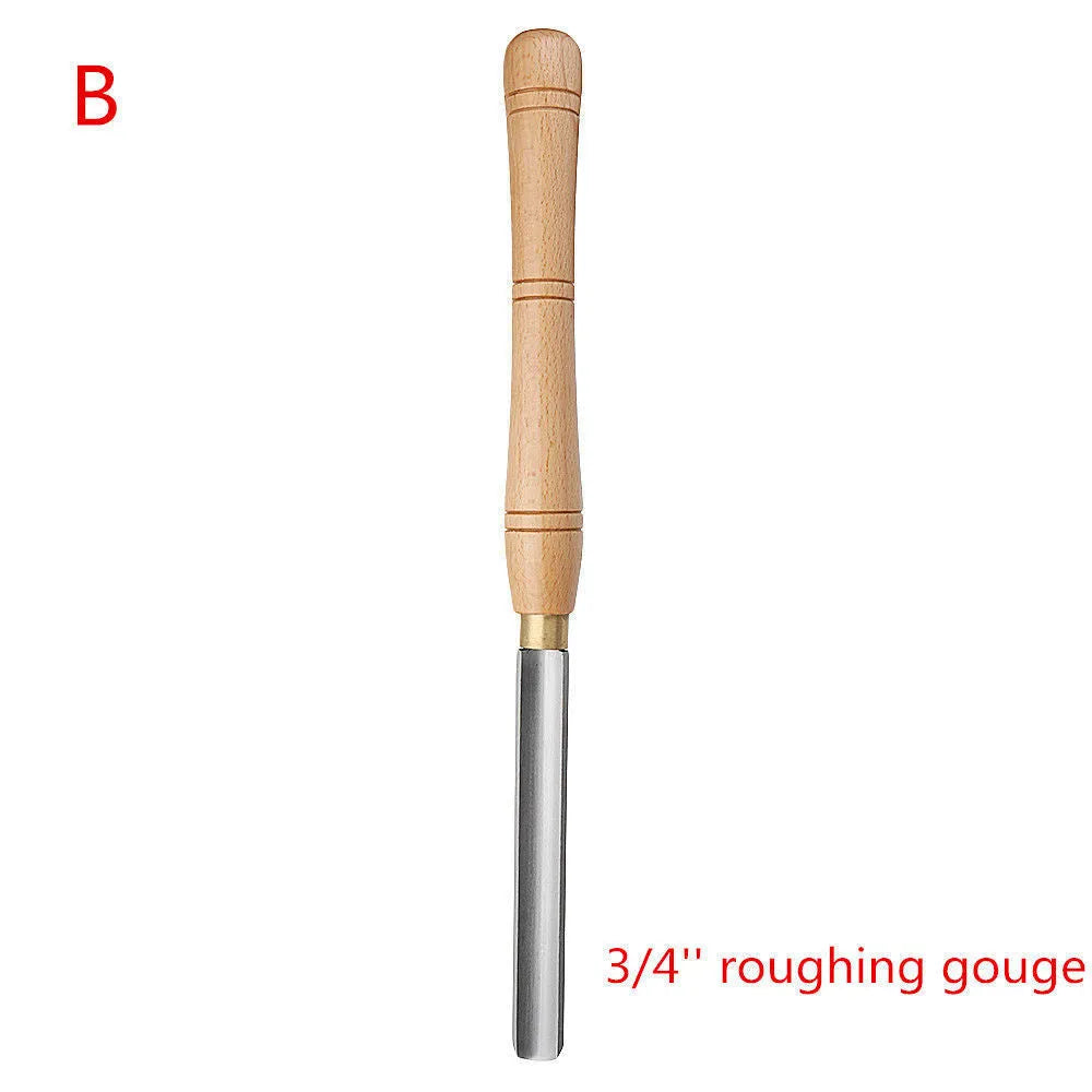 Eight-piece chrome vanadium steel wood turning tool set arranged in an open wooden storage box