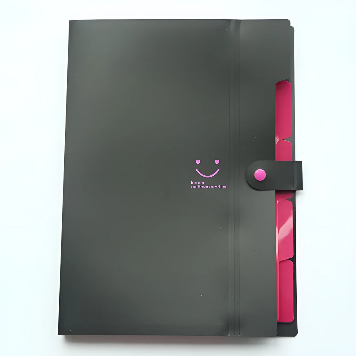 A4 plastic multi-page document folder in black with multiple internal layers, 32.4 by 23.6 cm