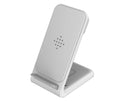 Black three-in-one wireless charging stand holding a mobile phone, an Apple Watch, and wireless earbuds.